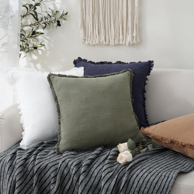 Foindtower Set of 2 Decorative Linen Fringe Throw Pillow Covers Cozy Boho Farmhouse Cushion Cover with Tassels Soft Accent Pillowcase for Couch Sofa Bed Living Room Home Decor, 22×22 Inch, Olive Green - Image 5
